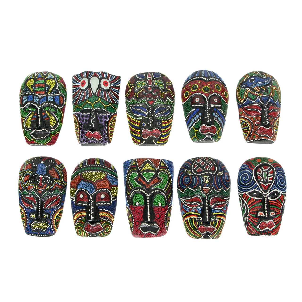Set of 10 Hand Carved Tropical Dot Painted Tribal Masks 5 Inch Wall Decor